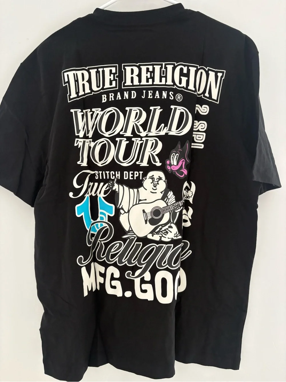 True Religion Black Tee with White & Light Blue Graphic